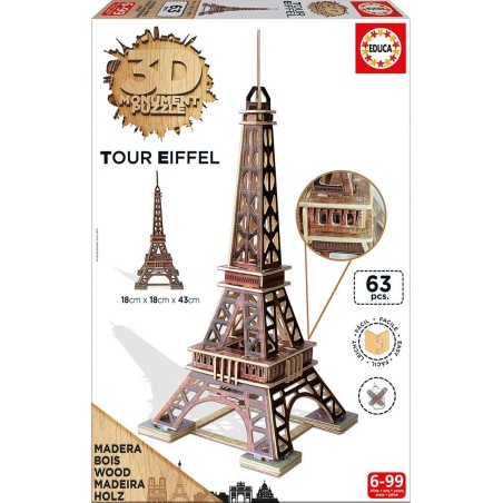 Puzzle 3D - Bois Tour Eiffel (63 pcs)