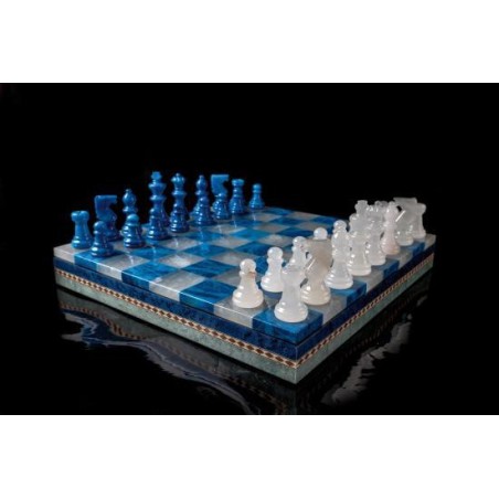 Jeu d'Echecs en Albâtre Bleu/Blanc 35cm - Coffret