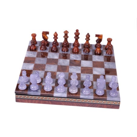 Coffret d'échecs de luxe en albâtre marron et gris